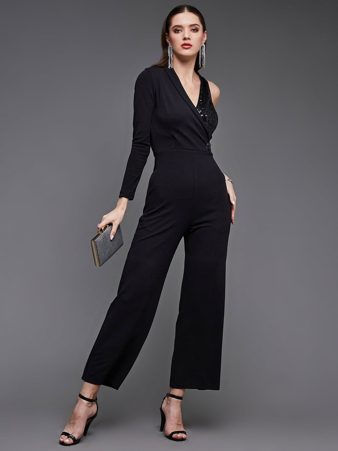 Women's Black Sequined Shawl Collar Asymmetric Blazer Style Slim Fit Party Jumpsuit