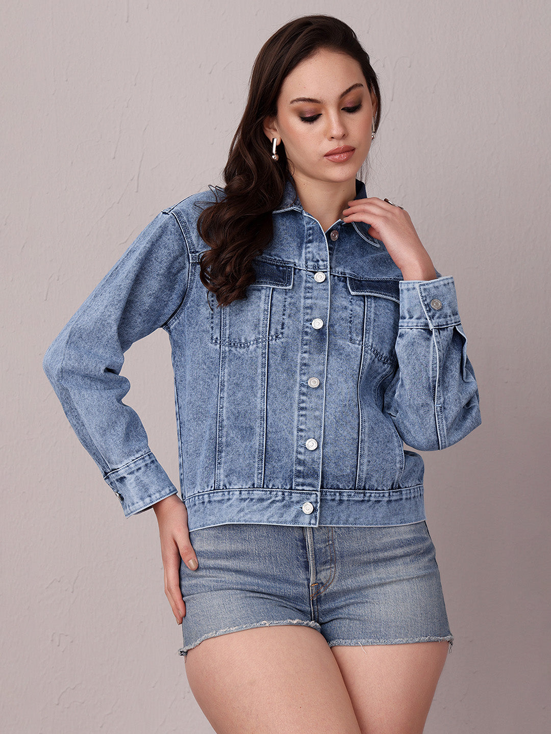 Women's Light Blue Collared Full Sleeve Solid Classic Regular Length Denim Jacket