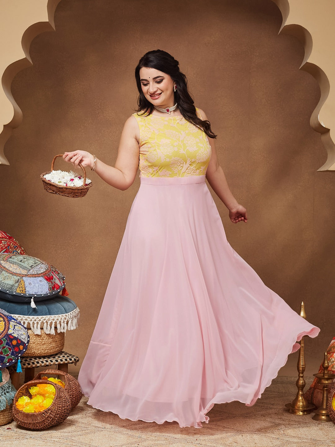 Dusty Pink Boat Neck Sleeveless Self Design Lace Overlaid Georgette Maxi Dress for Women