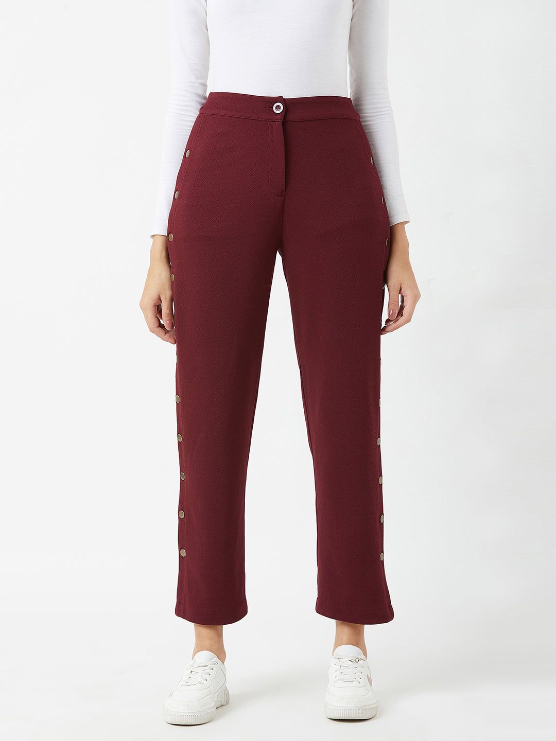 Crease Ease Women's Wine Red Solid Regular Fit Flared Parallel Trousers