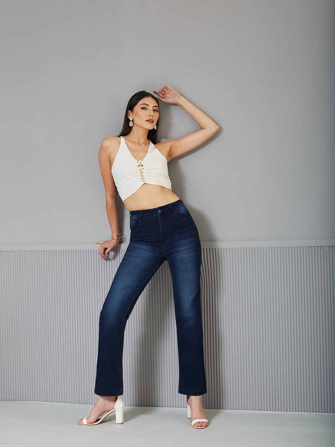 Navy-Blue Wide-Leg Mid-Rise  Regular Stretchable Denim Jeans for Women