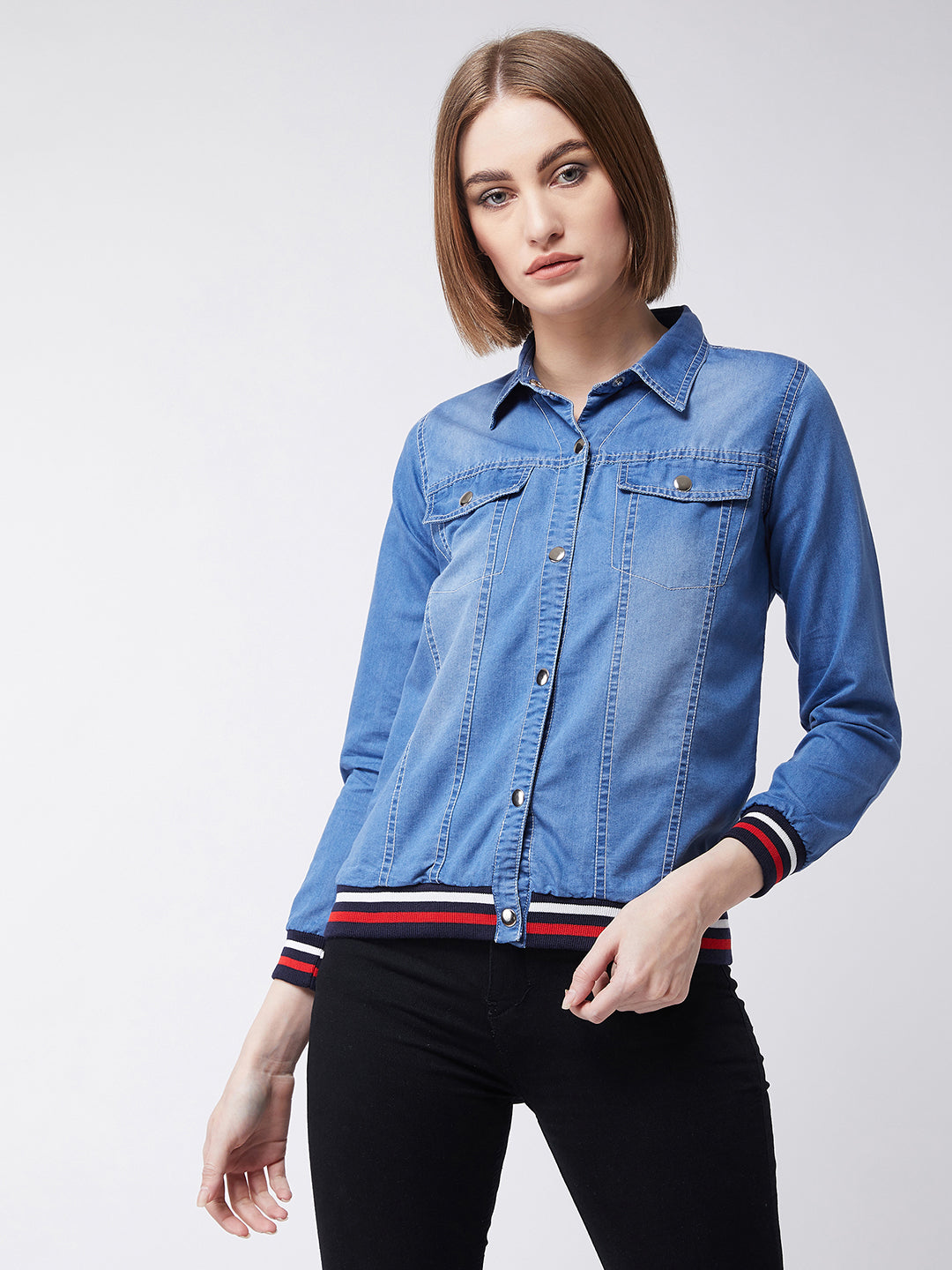 Women's Blue Polo Neck Full Sleeves Solid Buttoned Rib Detailing Denim Bomber Jacket