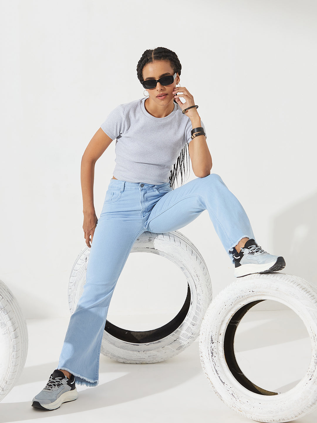 Light Blue Bootcut High-Rise Cropped Stretchable Denim Jeans For Women