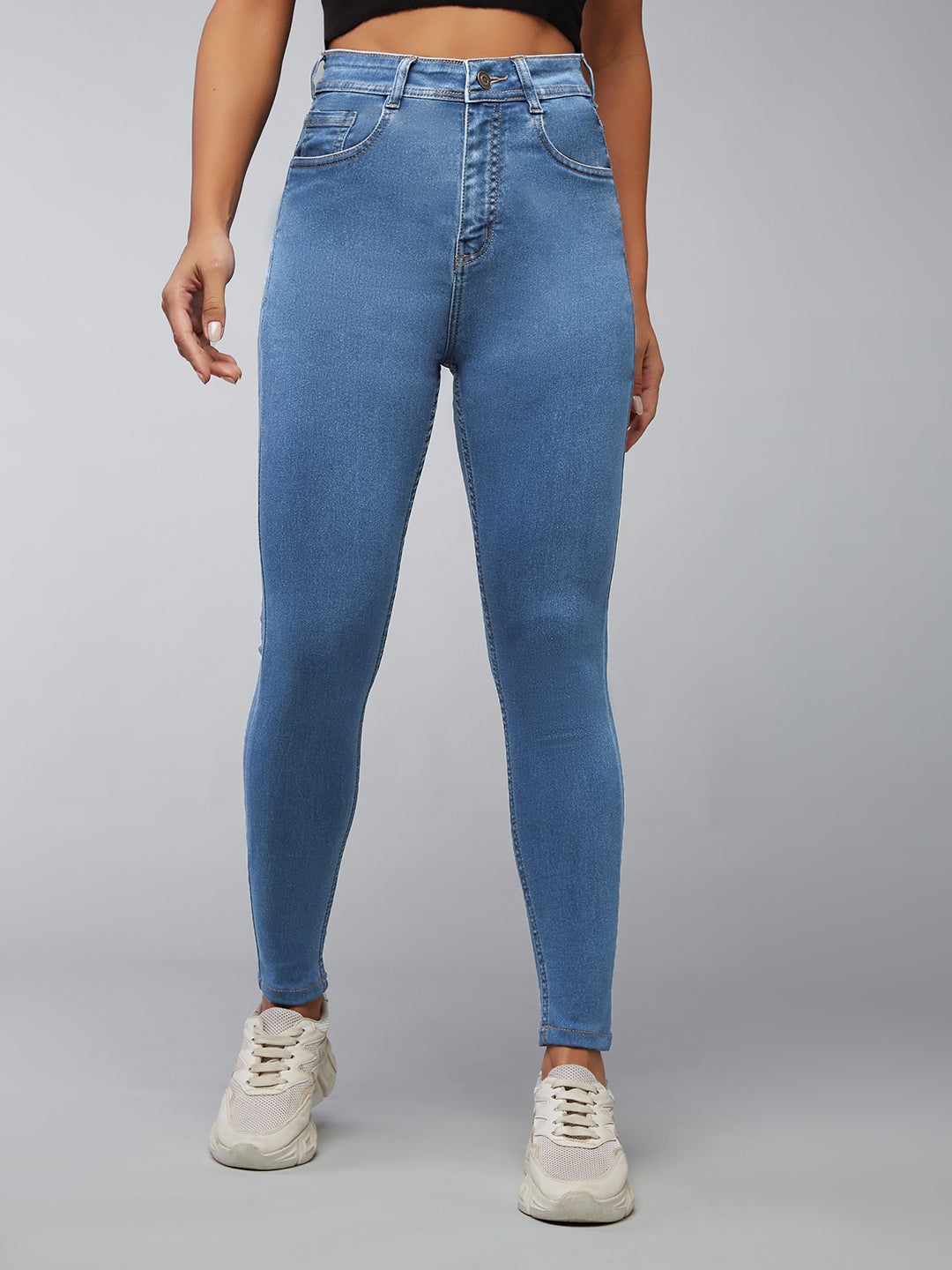 Women's Blue Skinny High-Rise Distressed Cropped Denim Jeans