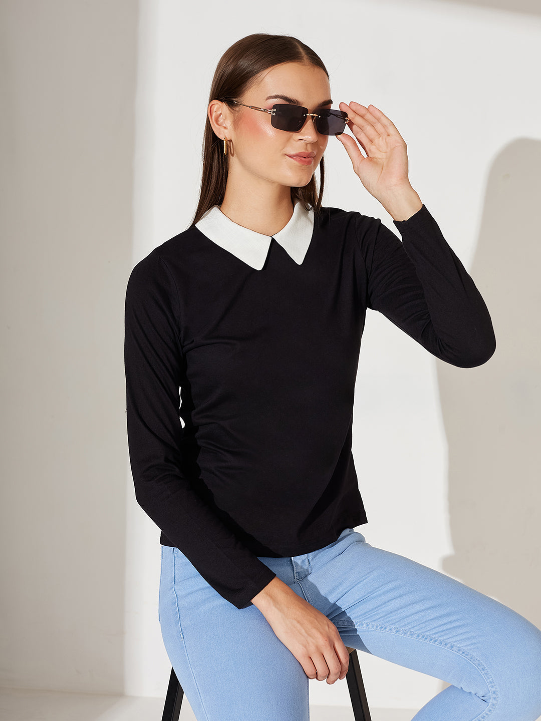 Black Collared Round Neck Full Sleeve Cotton Solid Buttoned Top for Women