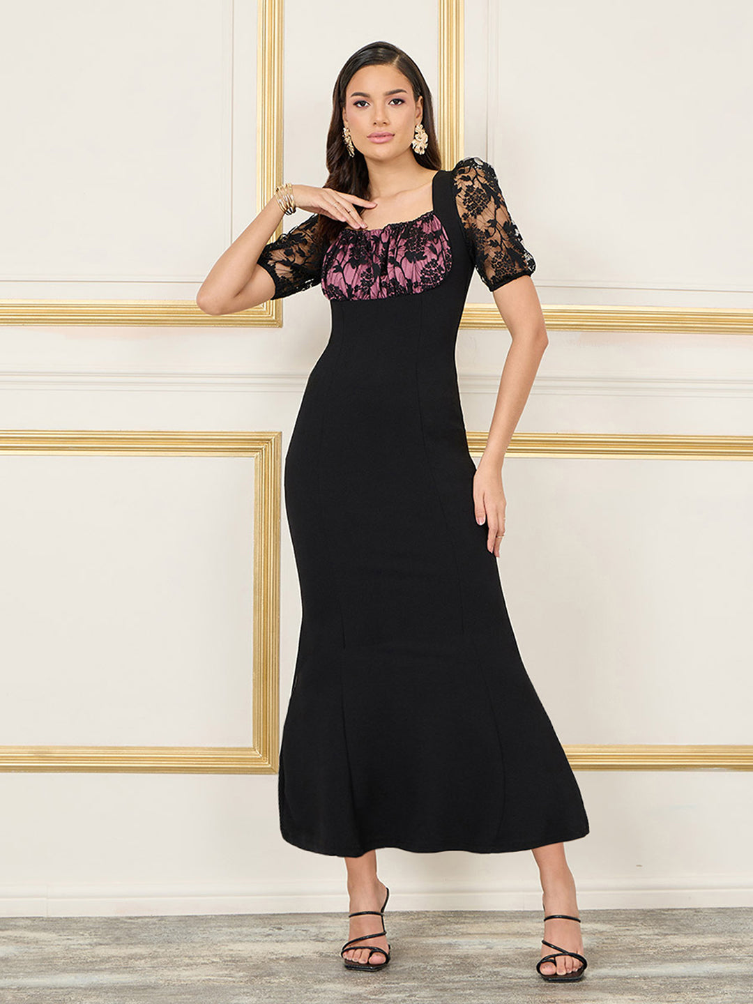 Women's Black Square Puff-Sleeves Solid Lace Overlaid Ankle Length Dress