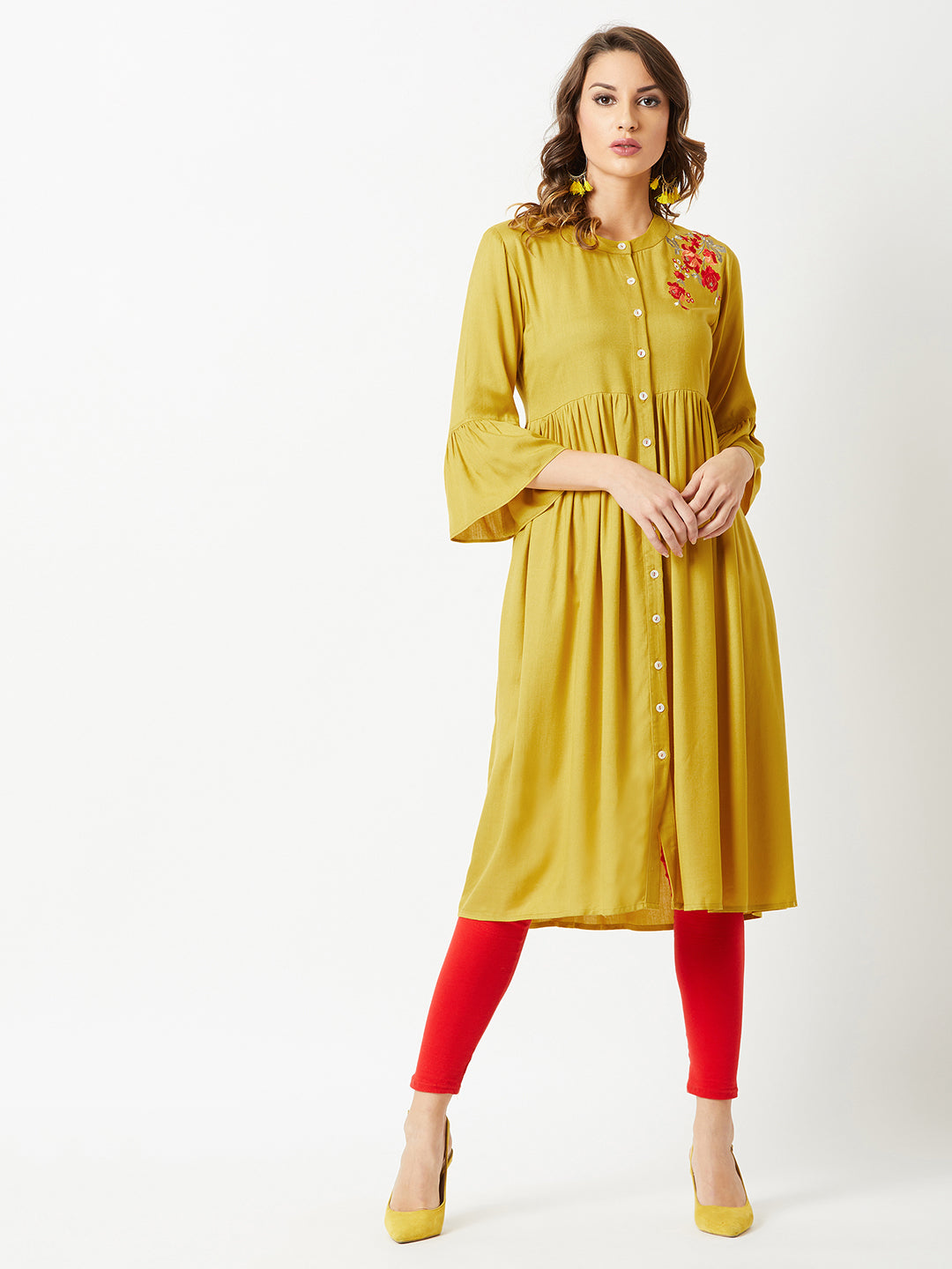 Women's Mustard Round Neck 3/4th Sleeve Solid Embroidered Gathered Midi Dress