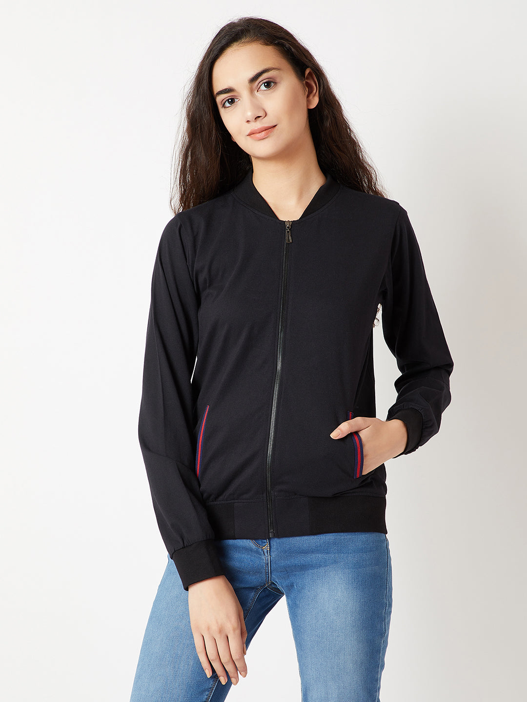 Women's Black Round Neck Full Sleeve Cotton Solid Multicolored Twill Tape Detailing Bomber Jacket