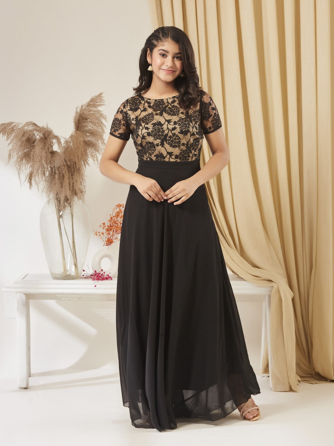 Black Round Neck Half Sleeve Self Design Fit & Flare Georgette Maxi Dress for Girls/Teenagers