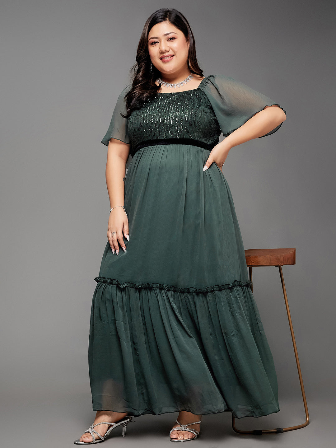 Women's Dark Green Embellished Square Neck Flared Sleeves Side Pocketed Chiffon Tiered Longline Dress