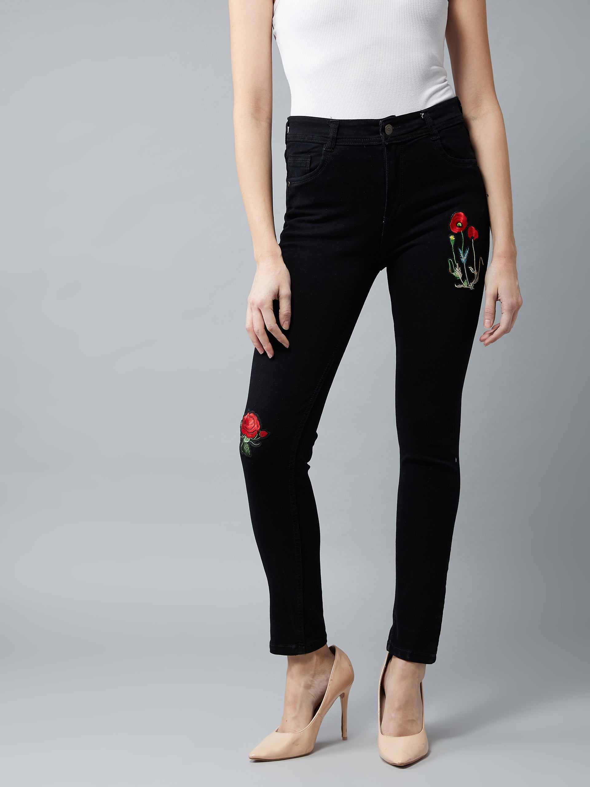 Black Slim Fit High Rise Applique Detailing Denim Jeans