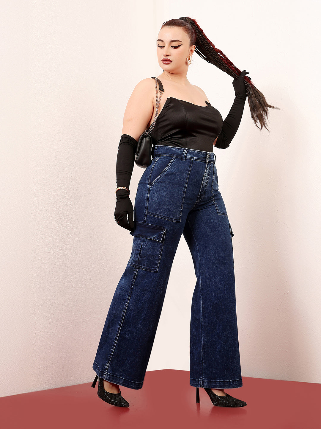 Women's Blue Wide-Leg High-Rise Clean-Look Stretchable Denim Cargo Jeans