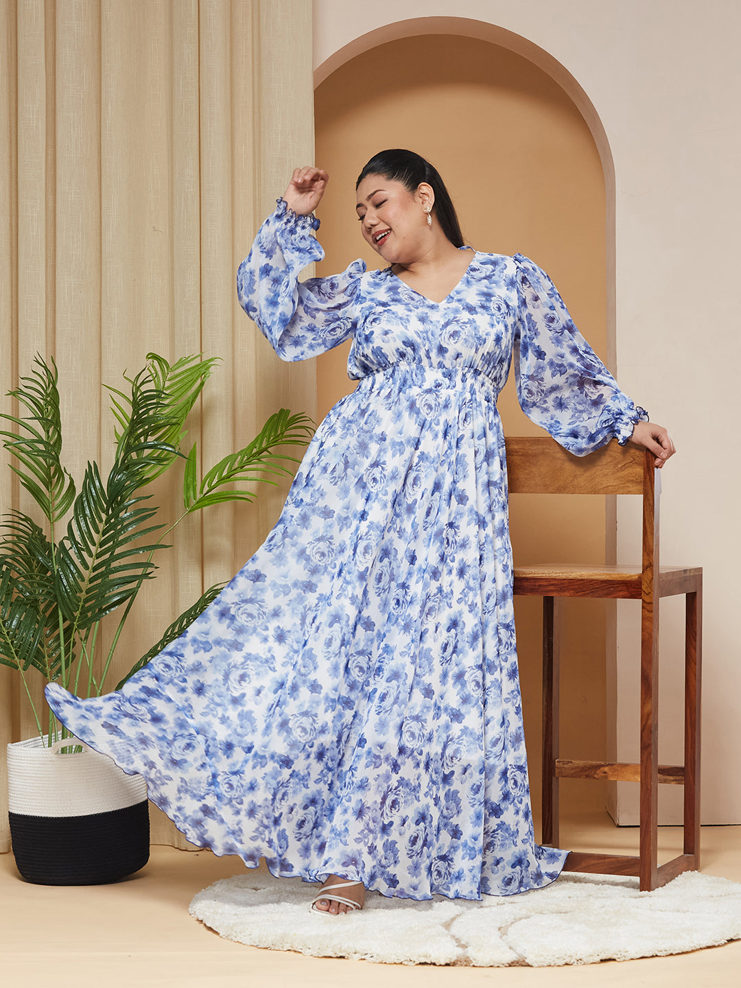 Multicolored-Base-White V-Neck Full-Sleeves Floral Gathered Chiffon Maxi Dress for Women