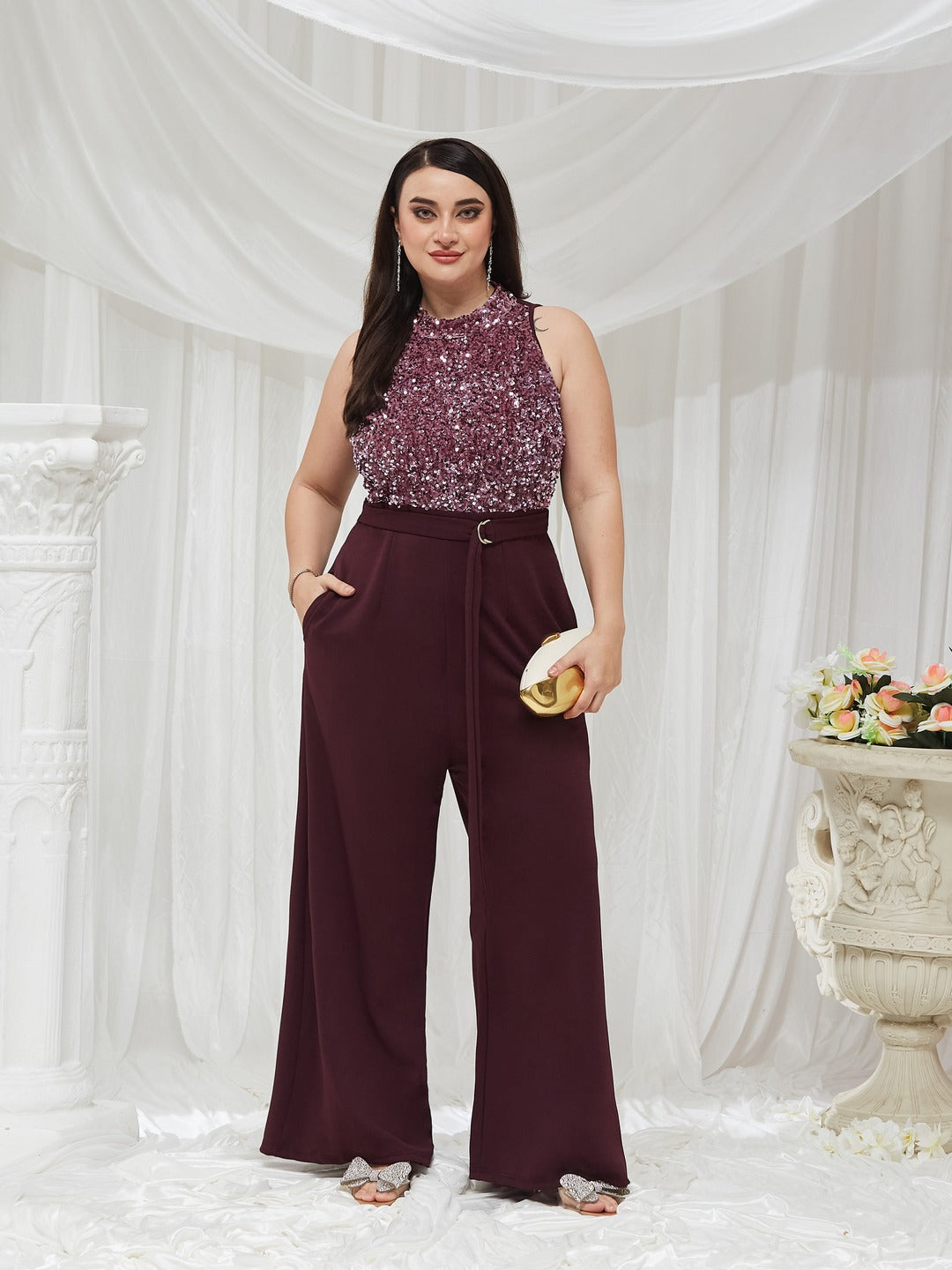 Dark Purple Halter Neck Sleeveless Embellished Regular-Length Jumpsuit for Women