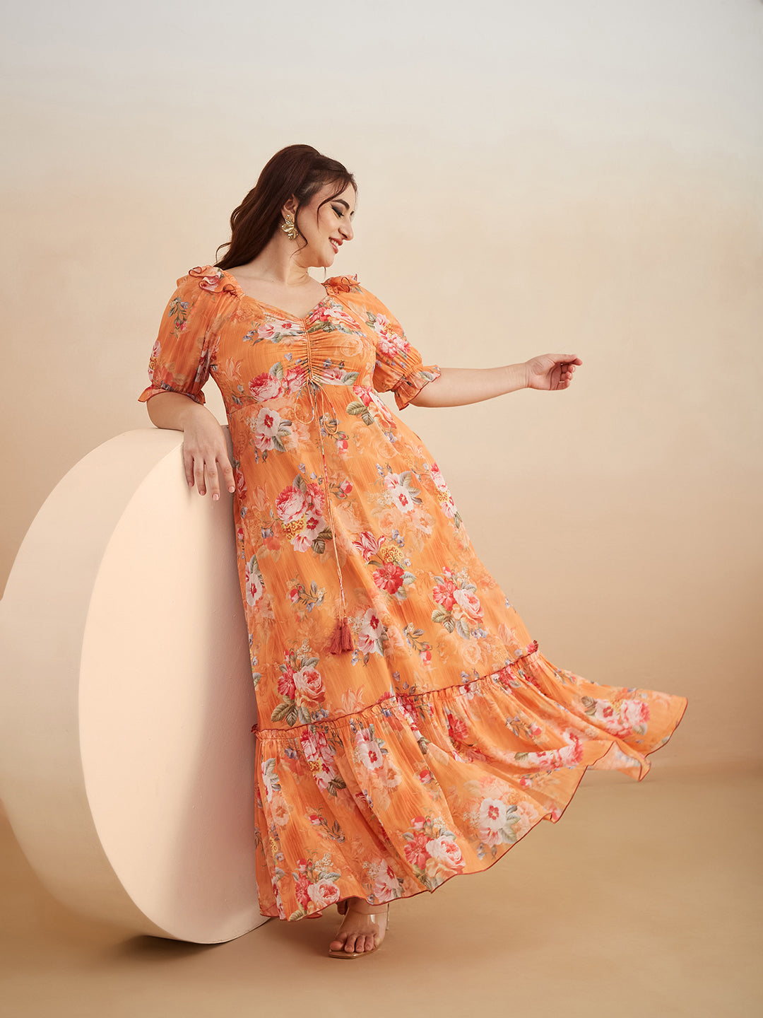 Multicolored-Base-Orange V-Neck Puff Sleeve Floral Ruching Ankle-Length Dress for Women