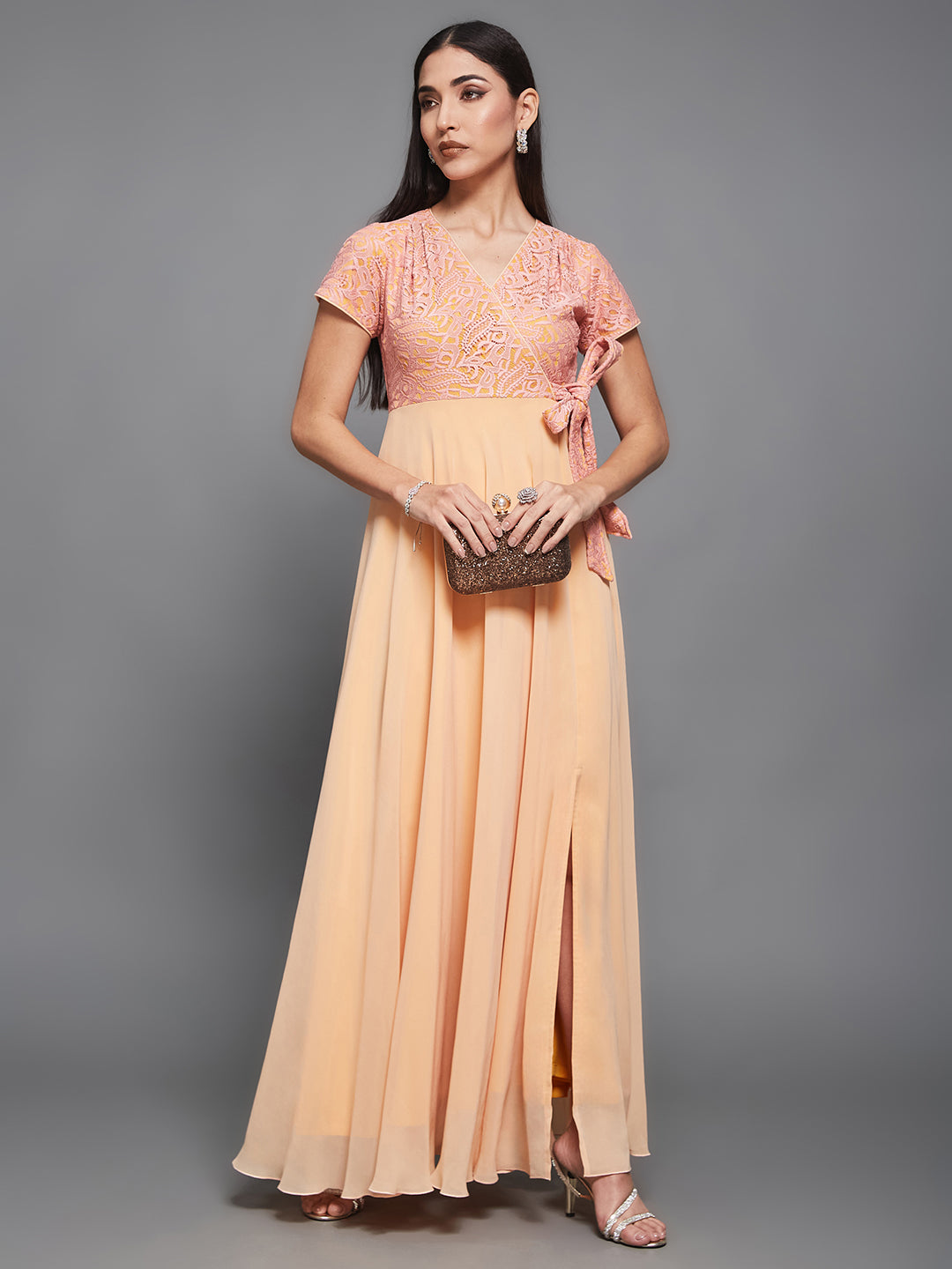 Women's Peach Wrap-Styled Short Sleeve Self-Designed Maxi Georgette Dress