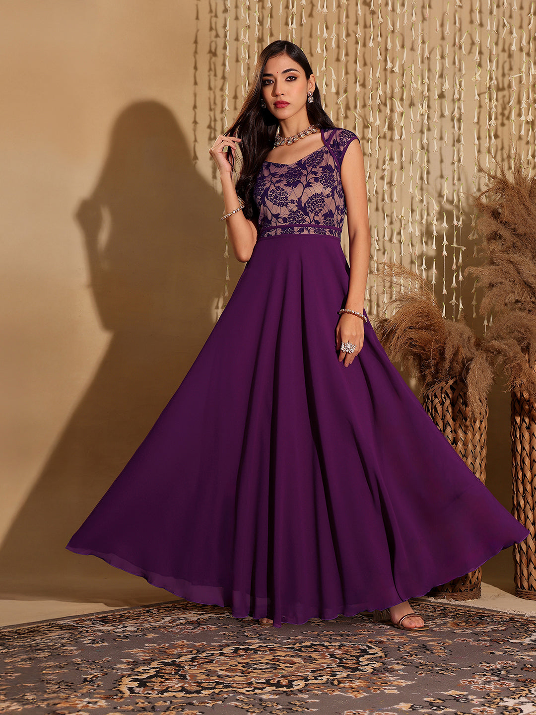 Women's Dark Purple Sweet-Heart Neck Cap-Sleeve Floral Fit & Flare Georgette Maxi Dress