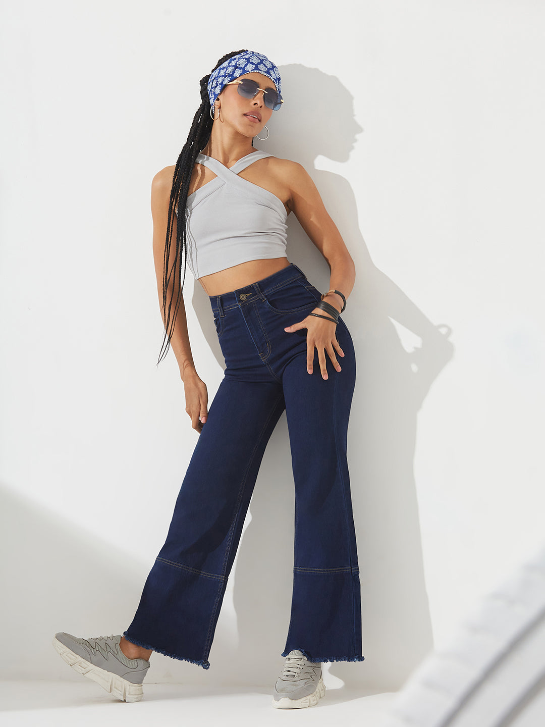 Navy-Blue Wide-Leg High-Rise Stretchable Denim Jeans for Women