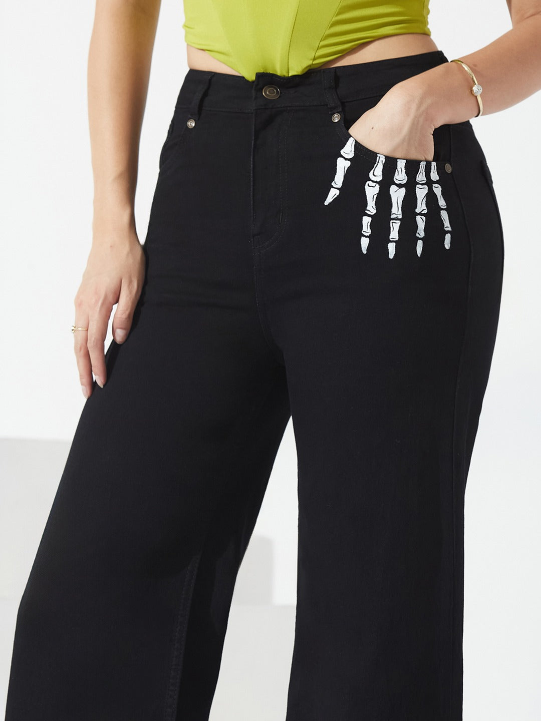 Black Wide Leg high-rise Hand Painted Skeleton Art Stretchable Denim Jeans for Women