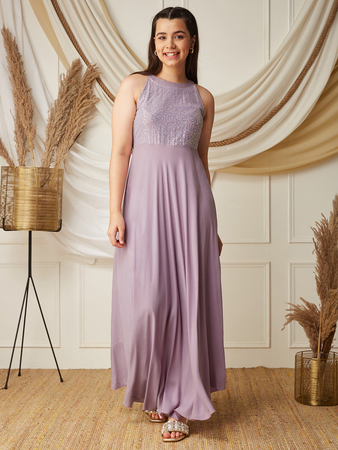 Lavender Halter-Neck Sleeveless Embellished Fit & Flare Viscose-Rayon Maxi Dress