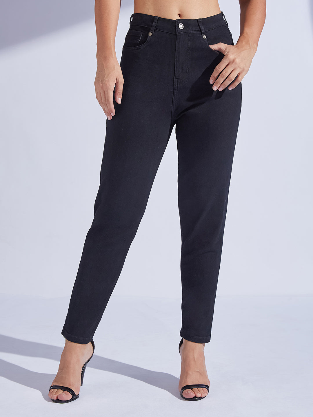 Black High Rise Stretchable Denim Mom Jeans for Women