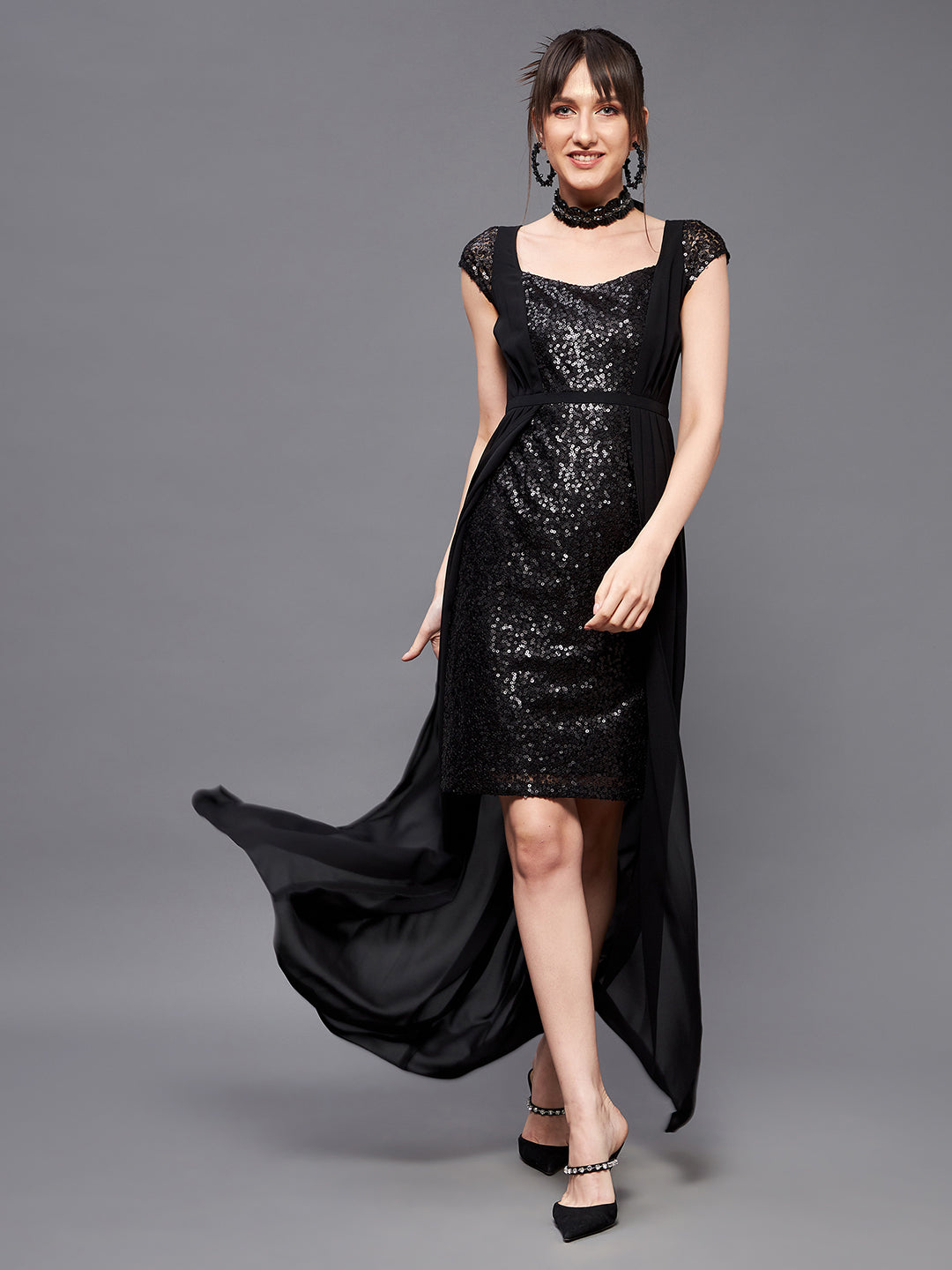 Women's Black Embellished Fit & Flare Maxi Dress