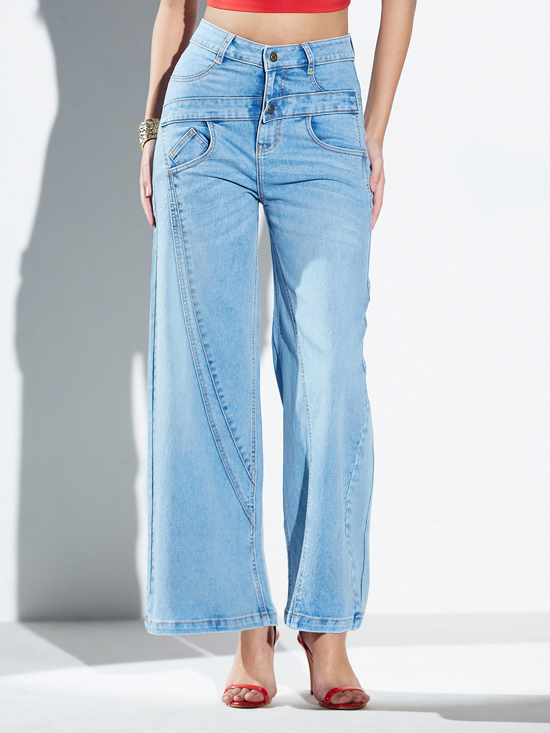 Blue High-Rise Wide Leg Panelled Denim Jeans for Women