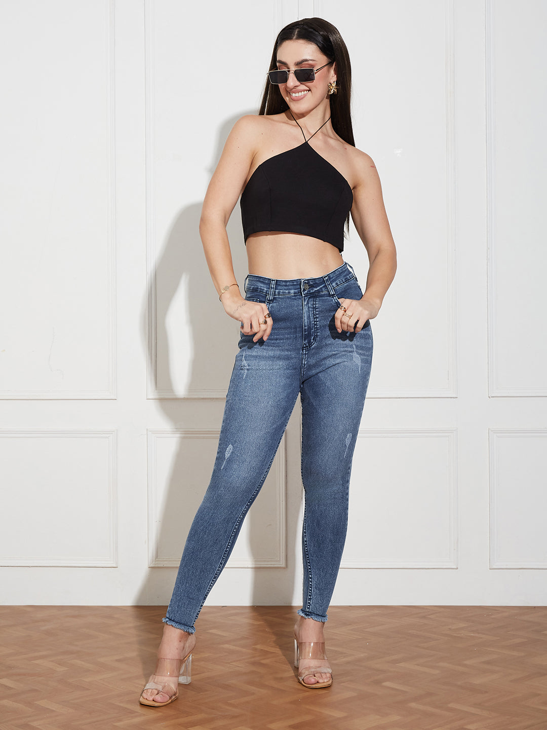 Women's Mid Blue High Rise Mildly-Distressed Cropped Stretchable Denim Skinny Jeans