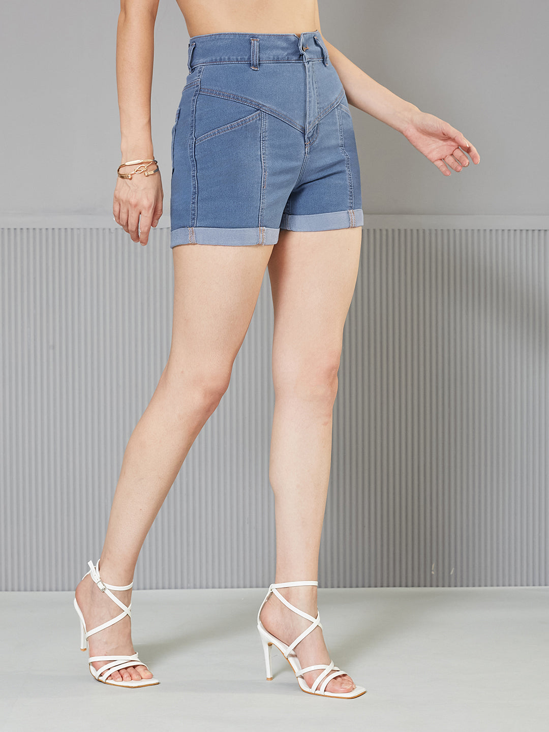 Blue Relaxed-Fit High-Rise Stretchable Blue Denim Shorts for Women