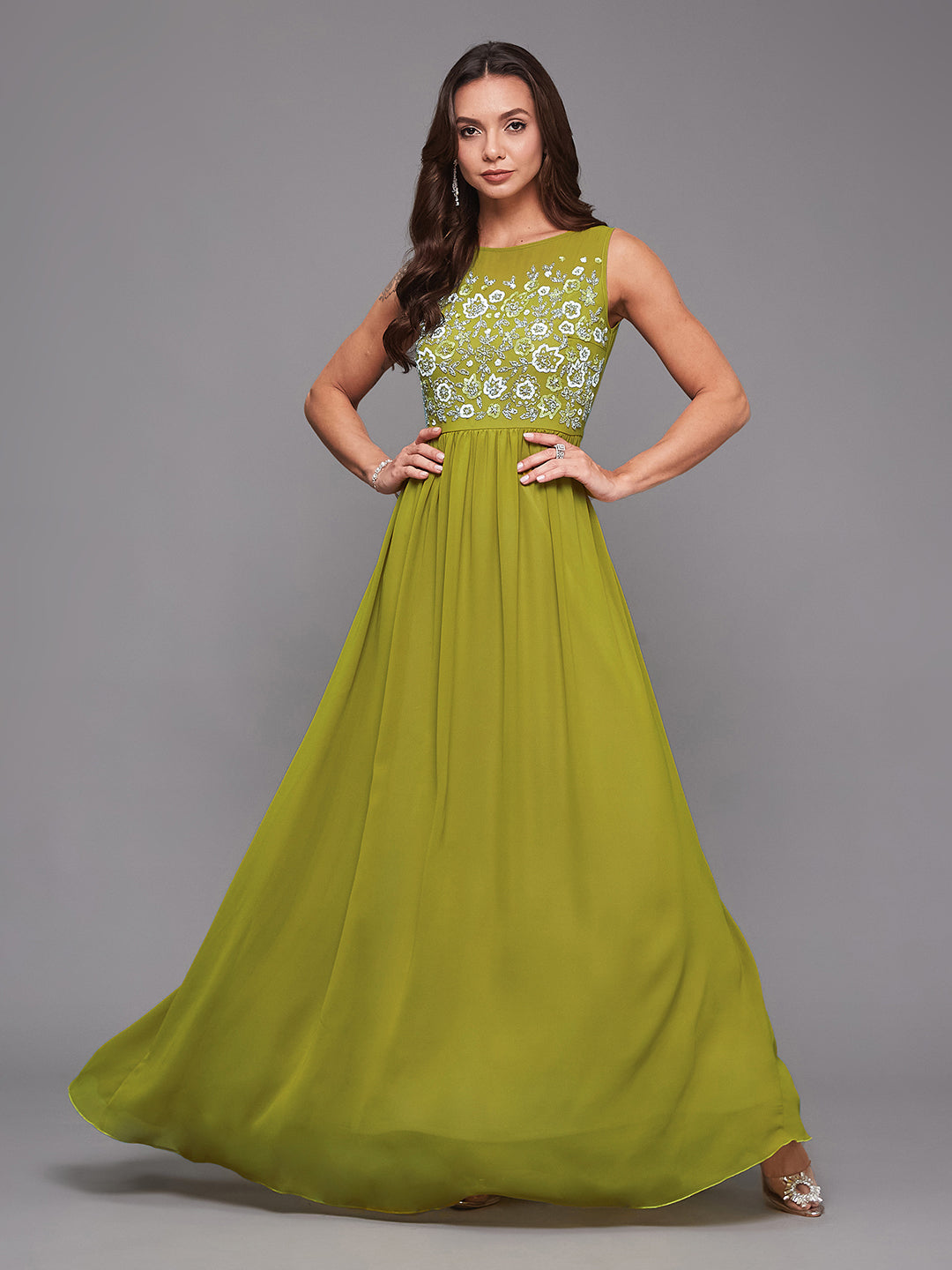Women's Lemon Green Boat Neck Sleeveless Embroidered Georgette Gathered Maxi Dress