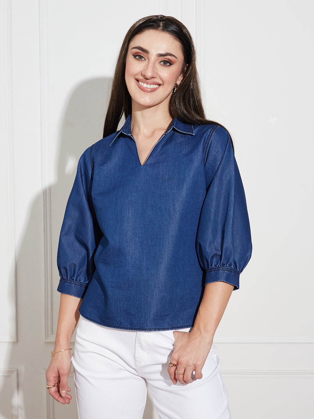 Women's Dark Blue Collar-Neck Puff-Sleeve Solid-Colored Light Weight Denim Tunic Top