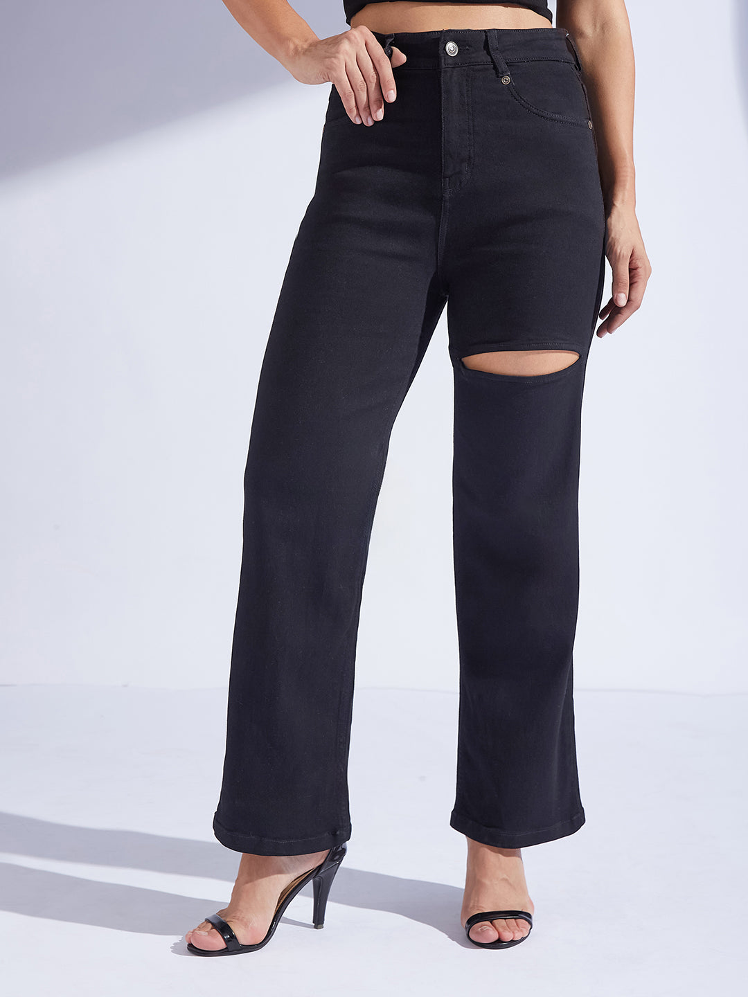 Women's Black Straight-Fit High-Rise Regular-Length Stretchable Denim Jeans