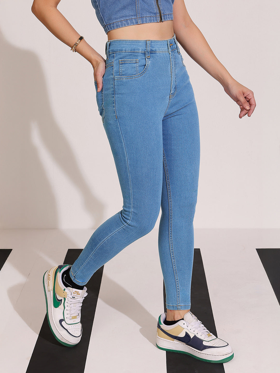 Women's Blue Skinny High-Rise Distressed Cropped Denim Jeans