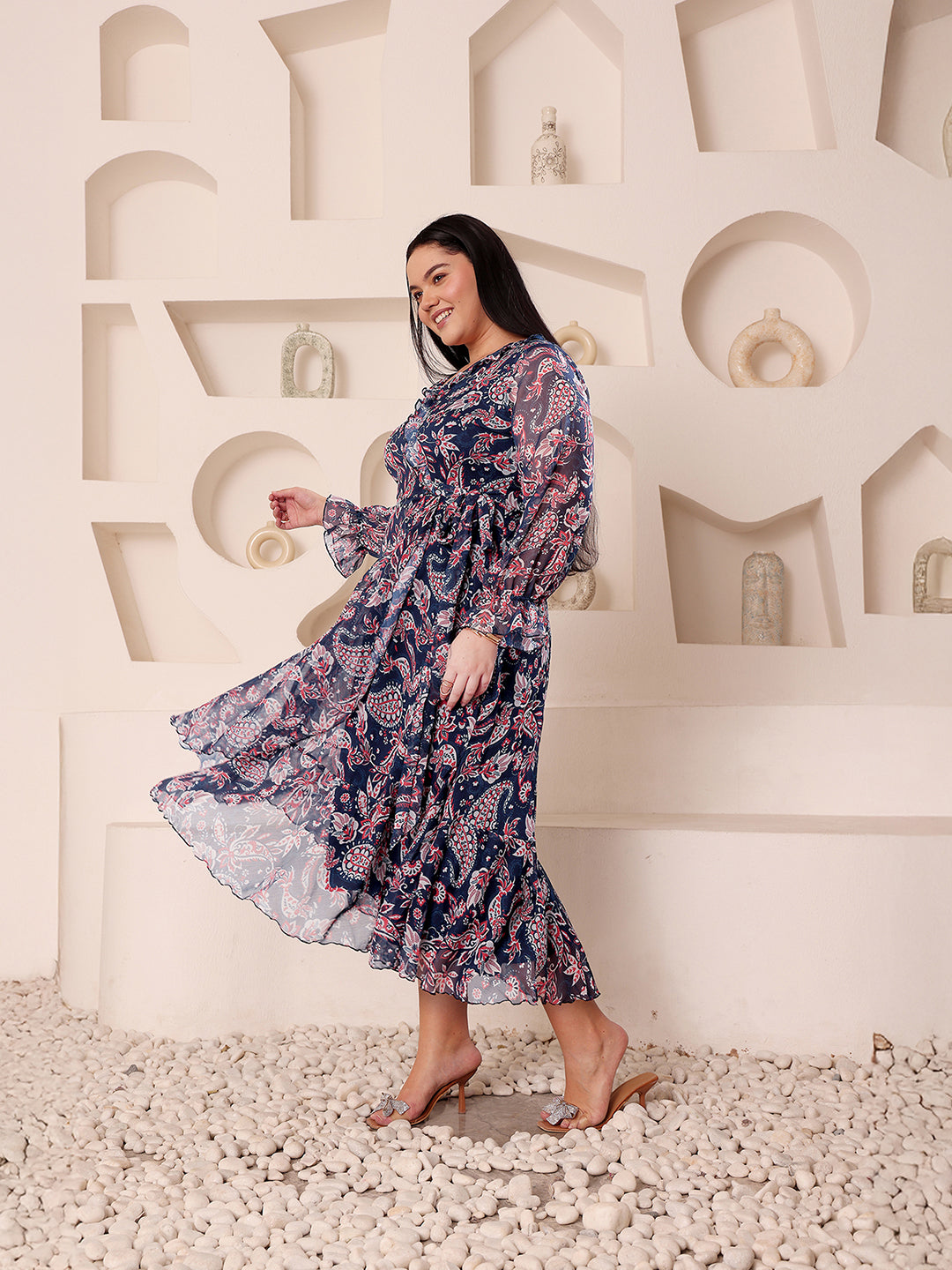Women's Multicolored-Base-Navy Blue V-Neck Full Sleeves  Relaxed-Fit Midi Length Dress