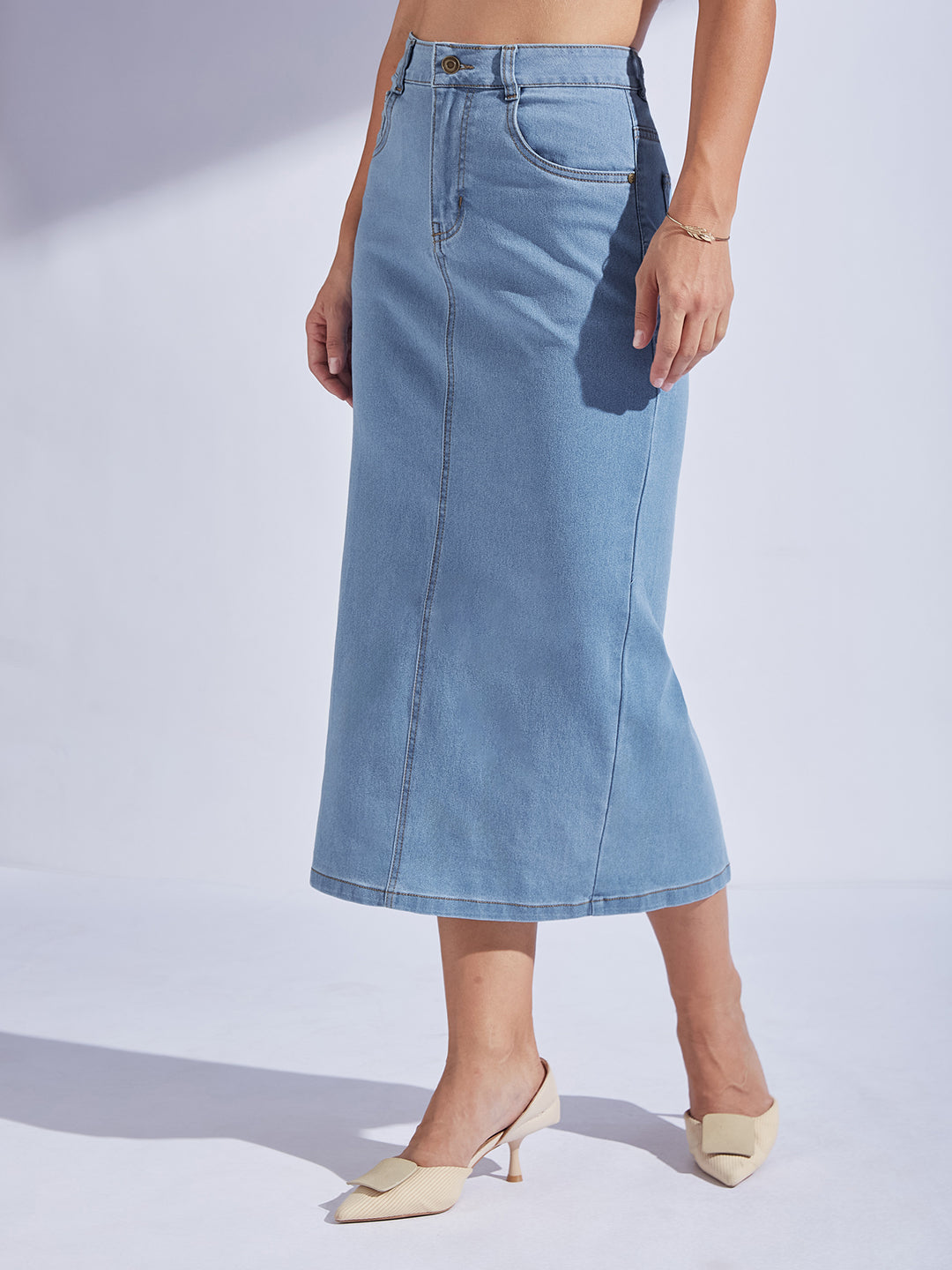Women's Light Blue Straight High-Rise Midi Stretchable Denim Skirt