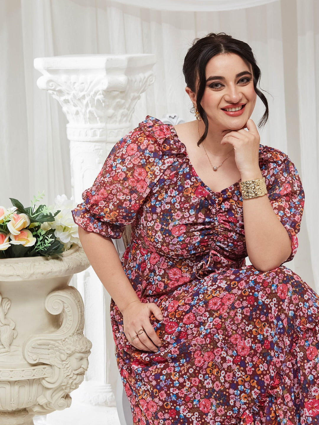 Wine V-Neck Puff Sleeve Floral Ruching Ankle-Length Dress for Women