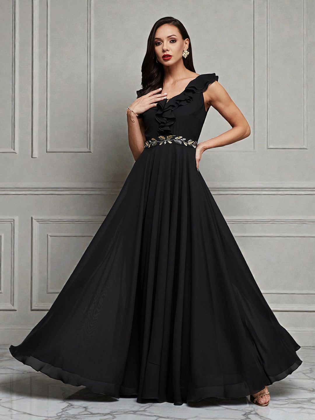 Women's Black Sleeveless Embroidered Ruffled Georgette Maxi Dress
