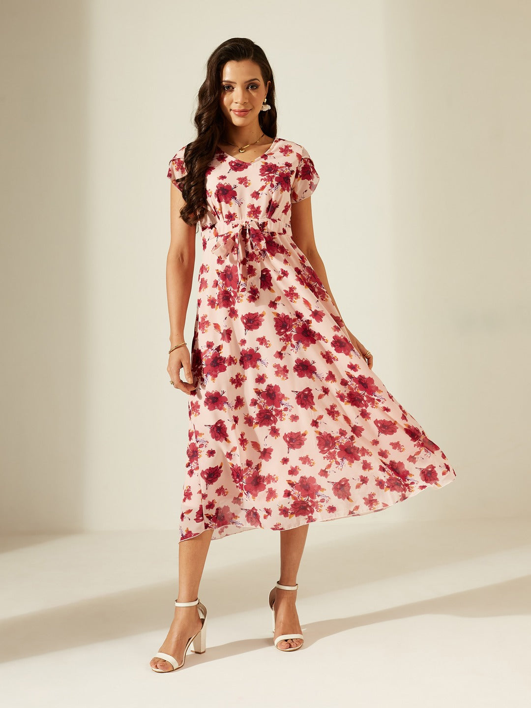 Light Pink V-Neck Short Sleeved Floral Pleated Midi Dress for Women