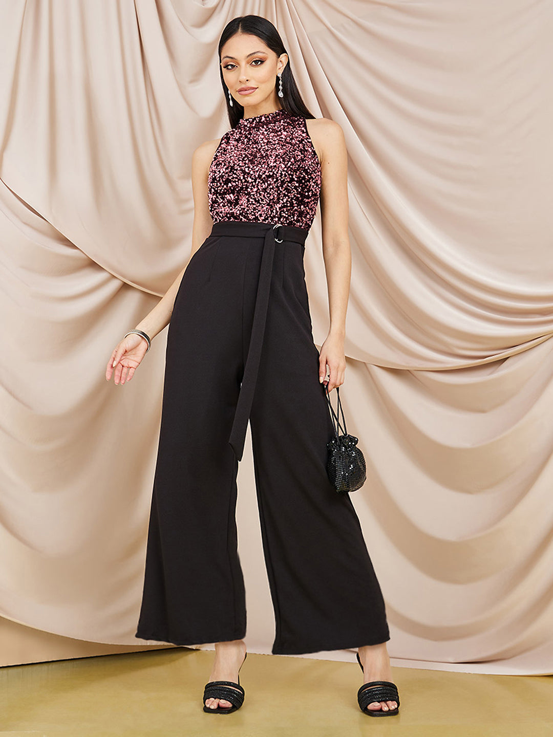 Women's Black & Lavender Embellished Regular Jumpsuit