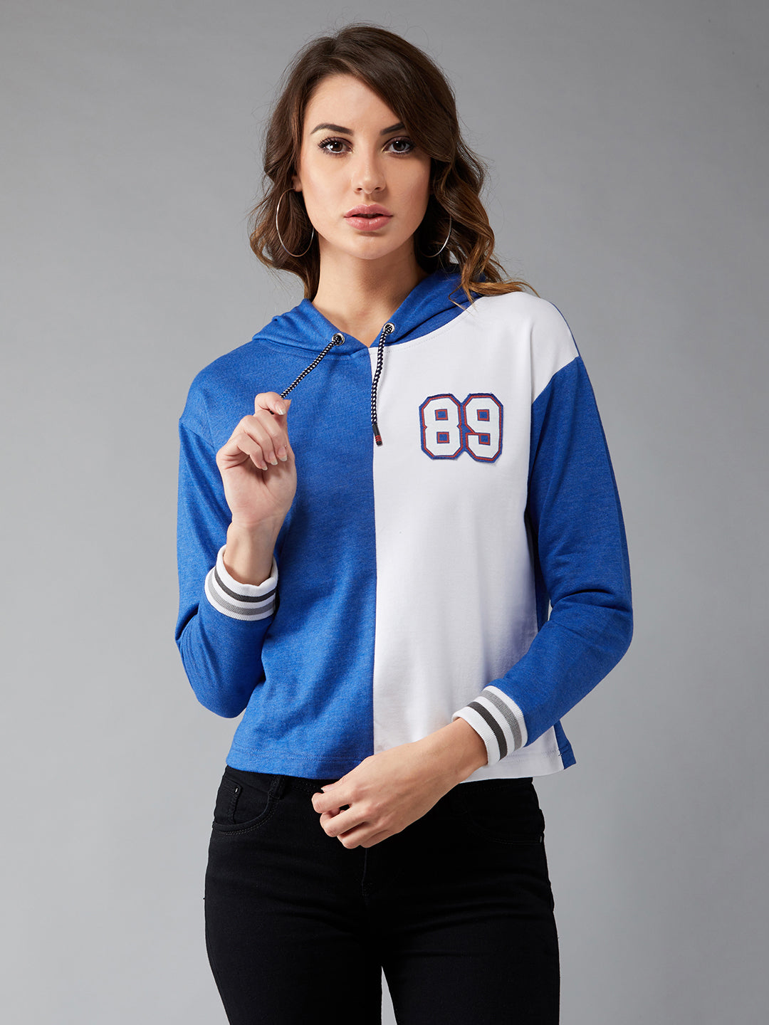 Women's Multicolor-Base Azure Blue Round Neck Full Sleeves Ribbed Solid Drop Shoulder Regular Length Color-blocked Sweatshirt