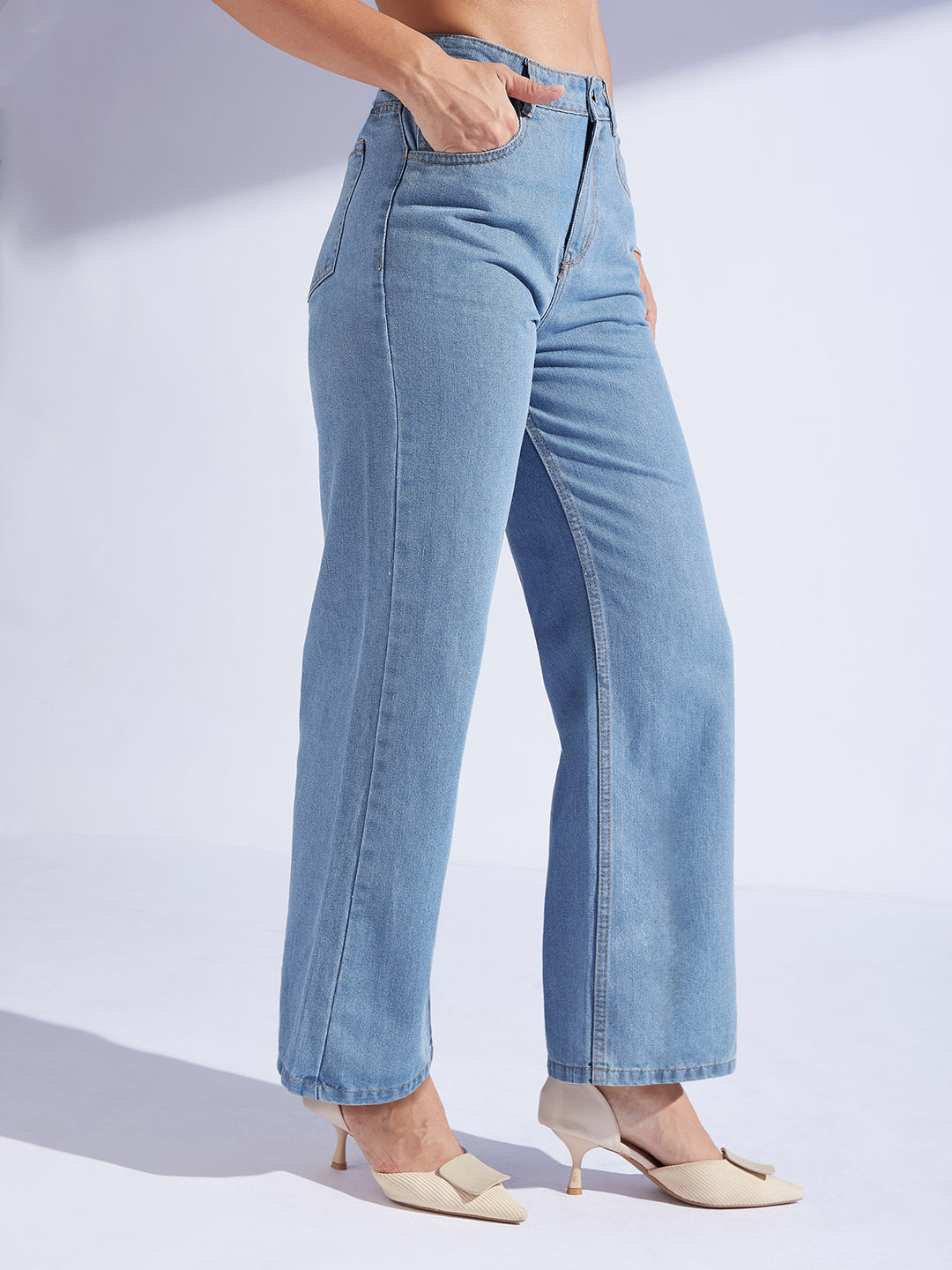 Women's Light Blue Wide-Leg High-Rise Clean-Look Regular-Length Non-stretchable Denim Jeans