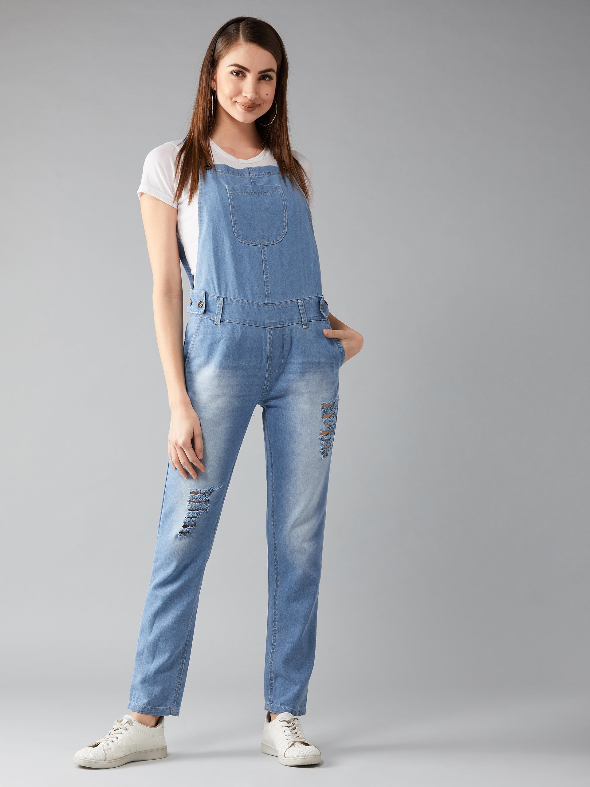 Women's Light Blue Regular Fit Mid Rise Regular Length Ripped Denim Dungaree