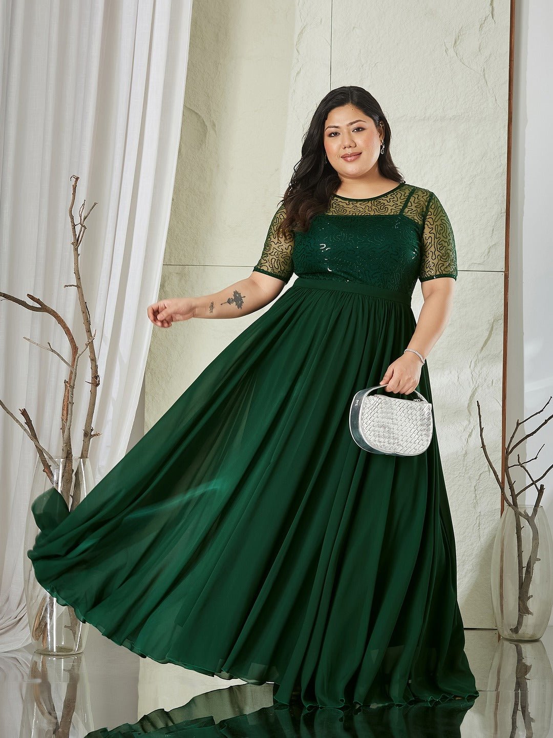 Dark Green Relaxed Fit Maxi Georgette & Sequins Dress for Women