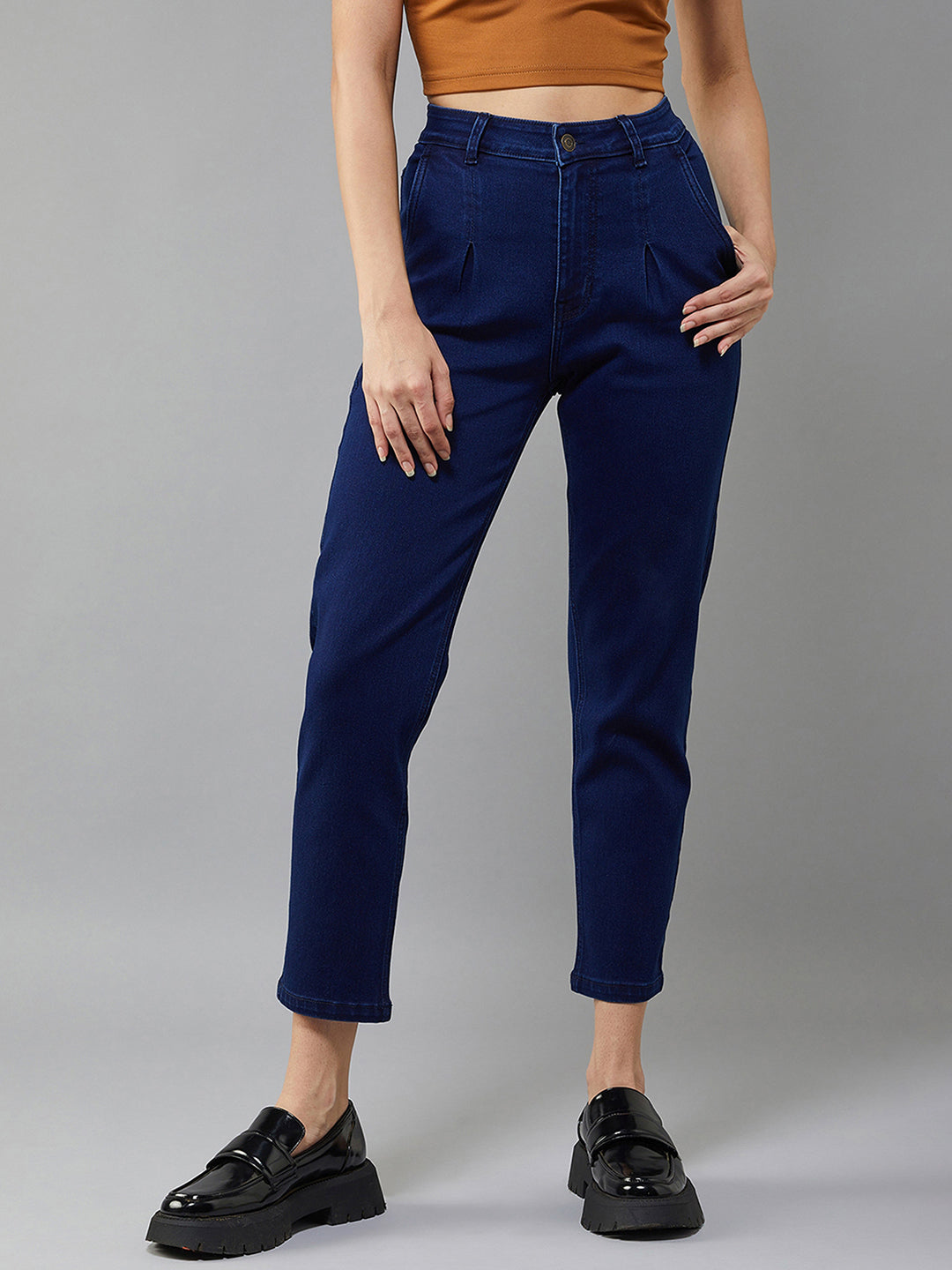 Women's Navy Blue Tapered Fit High Rise Stretchable Denim Jeans