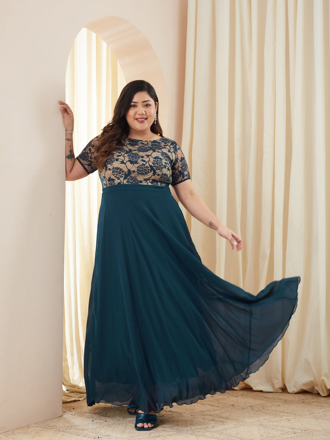 Teal Round Neck Half Sleeve Self Design Fit & Flare Georgette Maxi Dress for Women