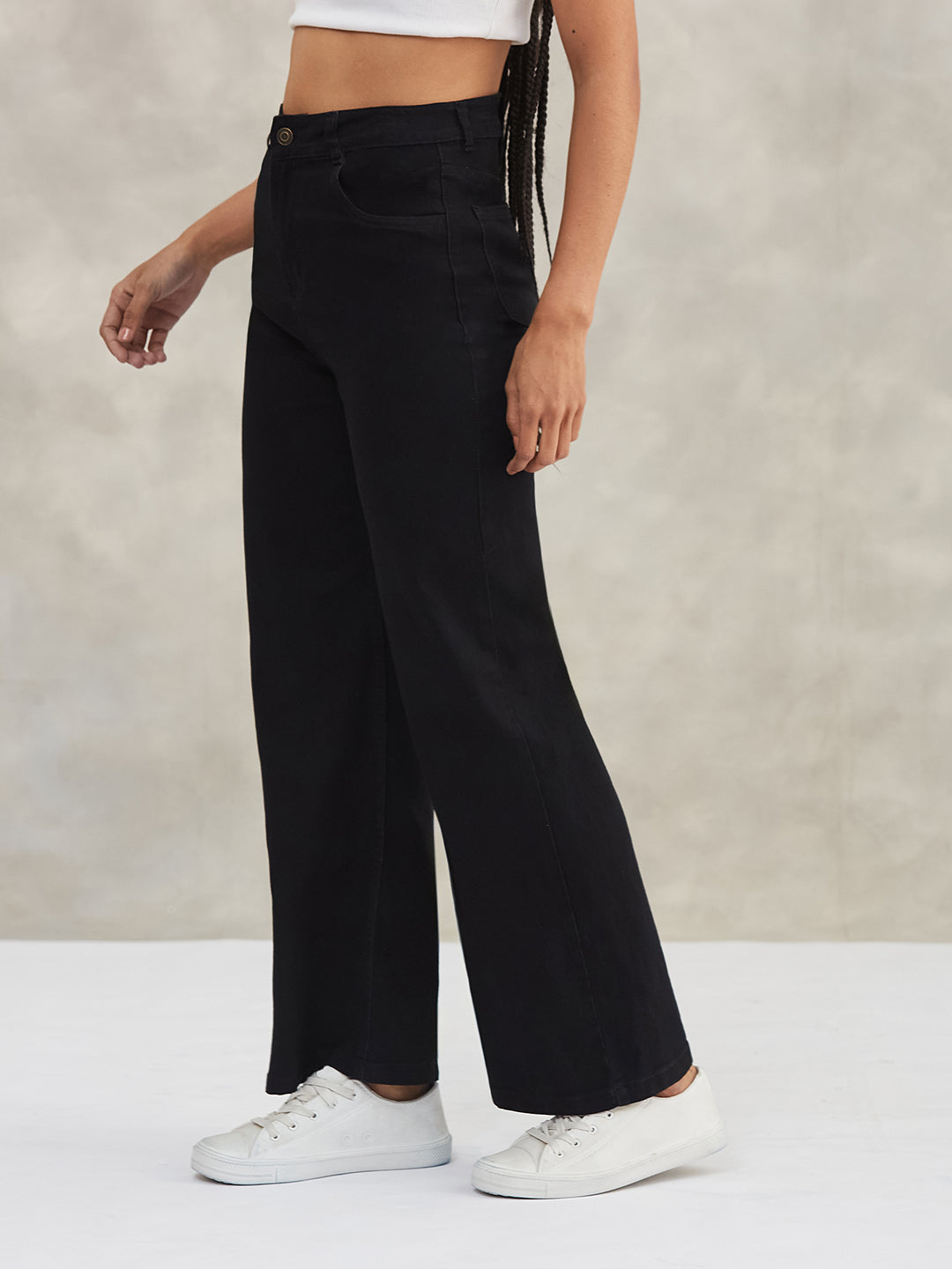 Women's Black Wide-Leg High-Rise Stretchable Denim Jeans