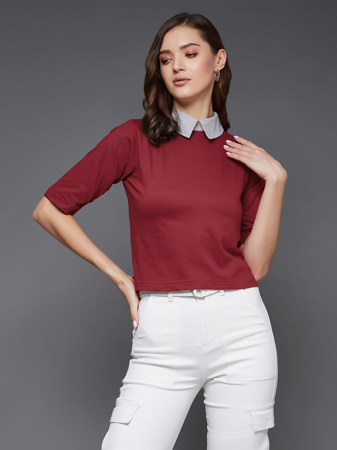 Women's Maroon & Grey Half Sleeves Round Neck Solid Crop Top