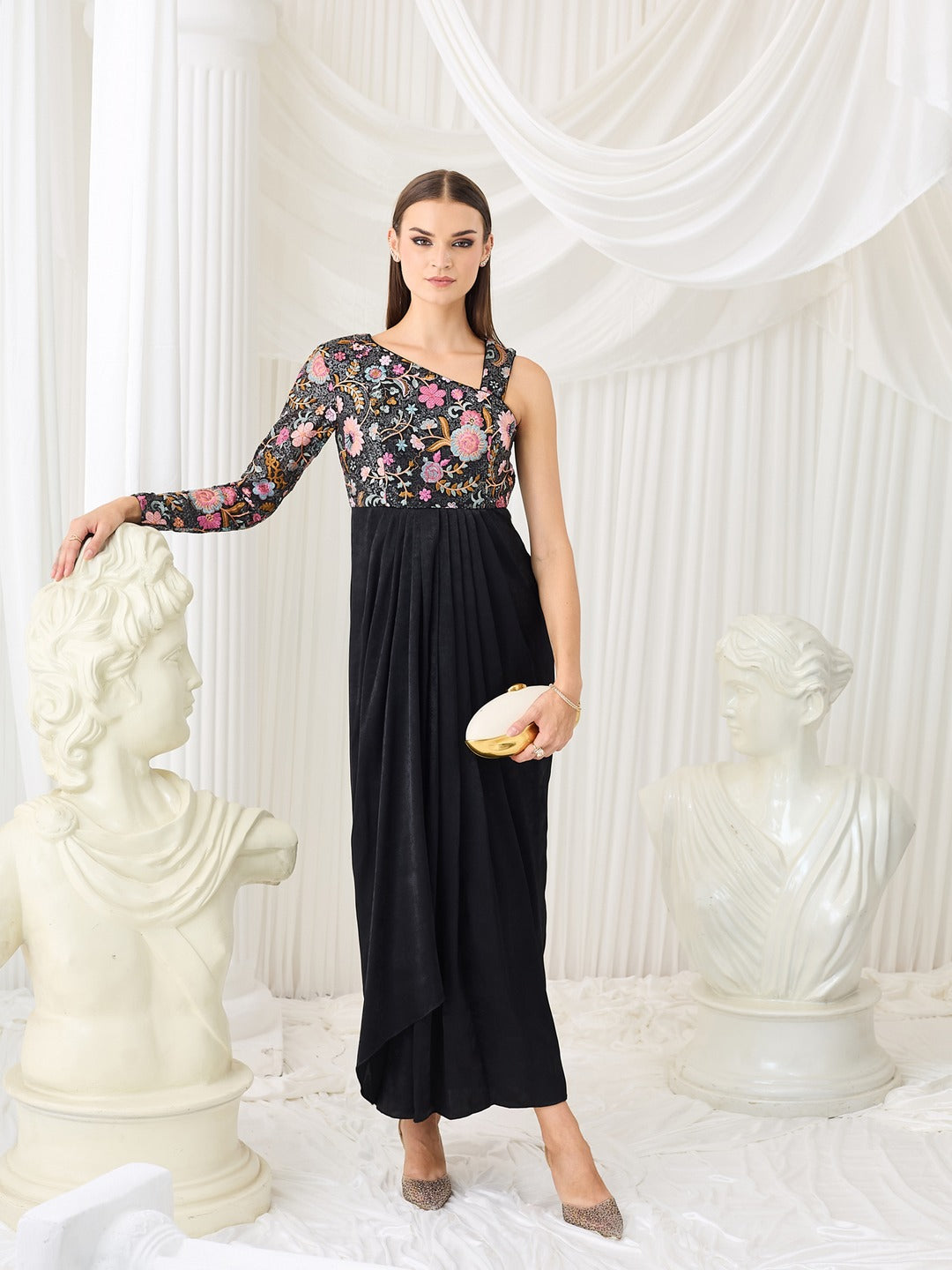 Luxe Satin Gown in Black with One-Shoulder Embroidery & Full Sleeve for Women