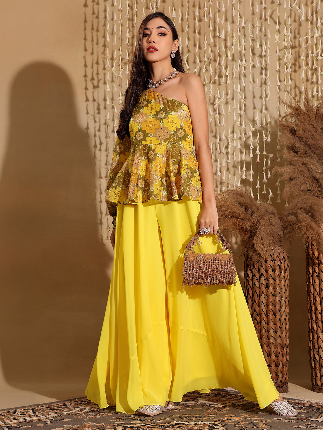Women's Multicolored-Base-Yellow  Geometric One Shoulder Neck Bishop Sleeves Georgette Layered Regular-Length Jumpsuit