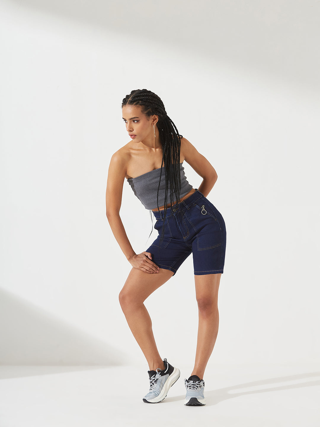 Navy-Blue Regular High-Rise Above Knee Stretchable Denim Shorts for Women